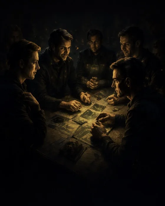 Игроки за столом ведут переговоры во время партии